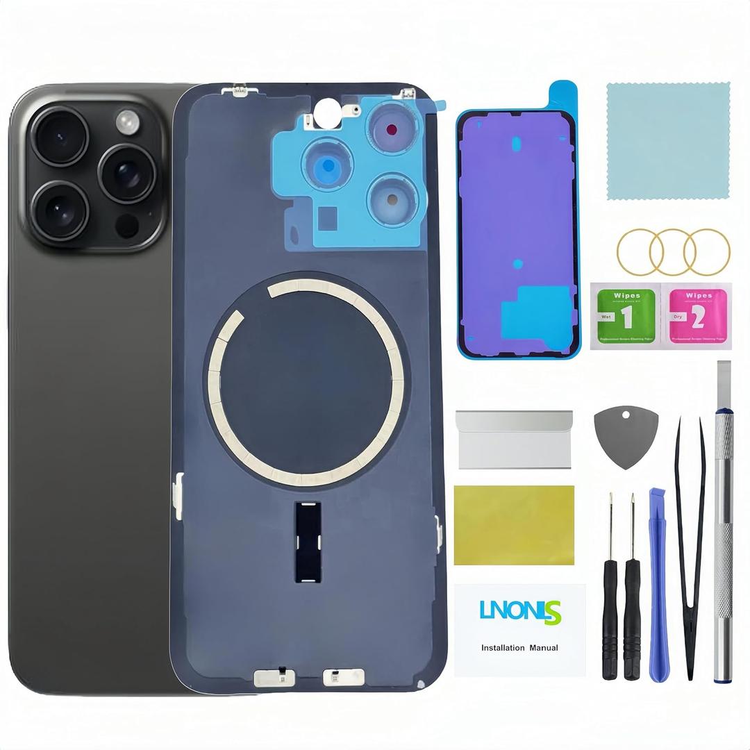 15 Pro Max Back Glass Replacement for iPhone 15 Pro Max Rear Back Cover Glass Waterproofand Camera Lens+Professional Repair Tool Kit (Black Titanium)