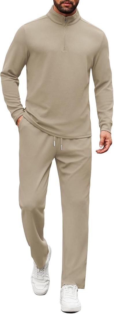 COOFANDY Men's Tracksuits 2 Piece Casual Athletic Sweatsuit Quarter Zip Pullover Long Sleeve Running Sport Outfits (XXL, Light Khaki)