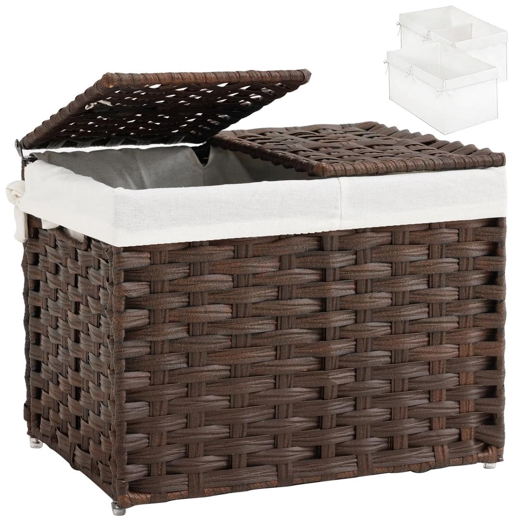 SETVSON Storage Basket with Lid Woven Wicker Baskets with 2 Separate Lid, 9.2 Gallon (35 L) Wicker Storage Bins with Handles, Foldable and 2 Removable Liner Bags for Bedroom, Laundry Room Brown