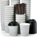 MUCHII 8 oz Disposable Paper Coffee Cups, 100 Count Insulated Ripple To Go Cups With Lids and Straws for Tea, Hot Chocolate, and Drinks