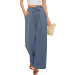 Angerella Womens Baggy Wide Leg Pants High Waisted Casual Lounge Pant Loose Comfy Stretchy Trousers with Pockets (Blue, L)