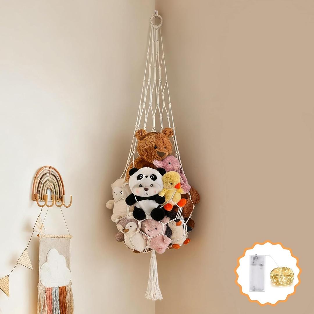 CERETIA Stuffed Animal Hammock Corner Net with LED Light Plushies Storage Hammock for Stuffed Animals Boho Room Decor Macrame Wall Decor
