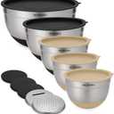 Mixing Bowls with Lids Set of 5 - Stainless Steel Nesting Bowls with Non-Slip Silicone Bottoms, Airtight Lids and 3 Grater Attachments - Kitchen Baking Bowls for Food Prep (Ships in Black or Khaki)