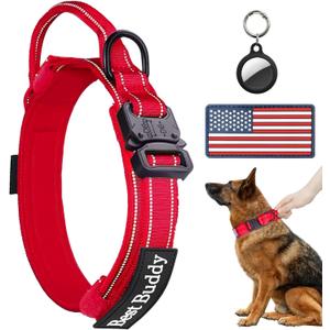 AUBELL Reflective Tactical Dog Collar,Adjustable Military Heavy Duty K9 Collars with Handle and Quick Release Metal Buckle Great for Large Dogs, with Airtag Case and 2 Patches (Red,L)