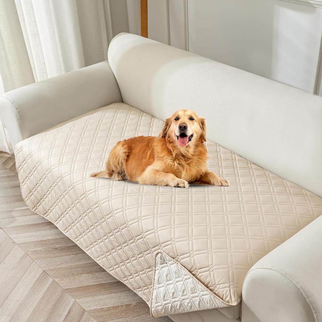 Genina Waterproof Couch Cover, Washable Anti-Slip 86.6 inch Sofa Covers with 4 Cushions, Sectional Couch Covers for Pets Friendly, Sofa Slipcovers for Dogs Cats, (86inch/Beige)