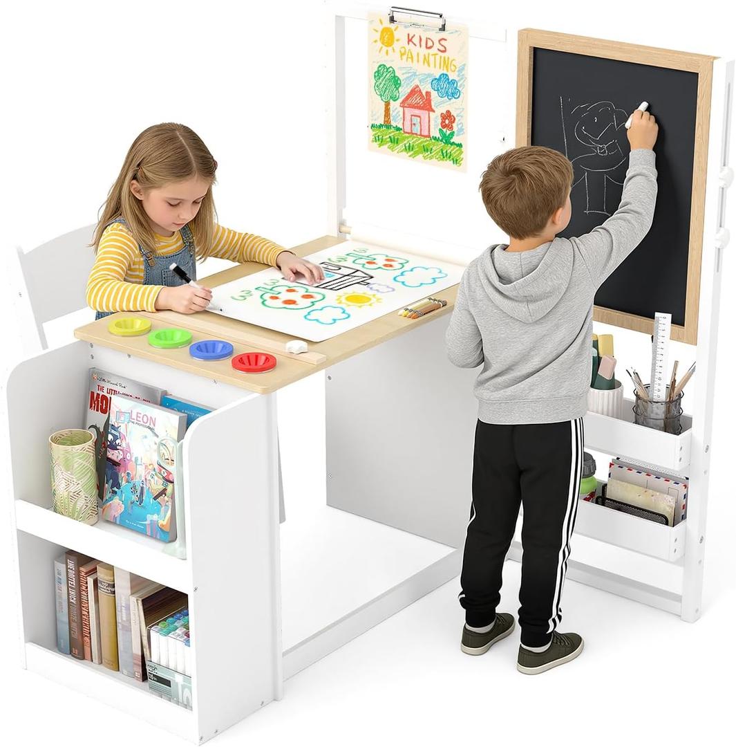 Frogprin 3 in 1 Kids Art Table and Chair, Art Easel for Kids, Toddler Craft Set, Wood Play Activity Desk with Adjustable Double-Sided Easel, Paper Roll, Storage Box, Book Shelves, 1048.11 square inches