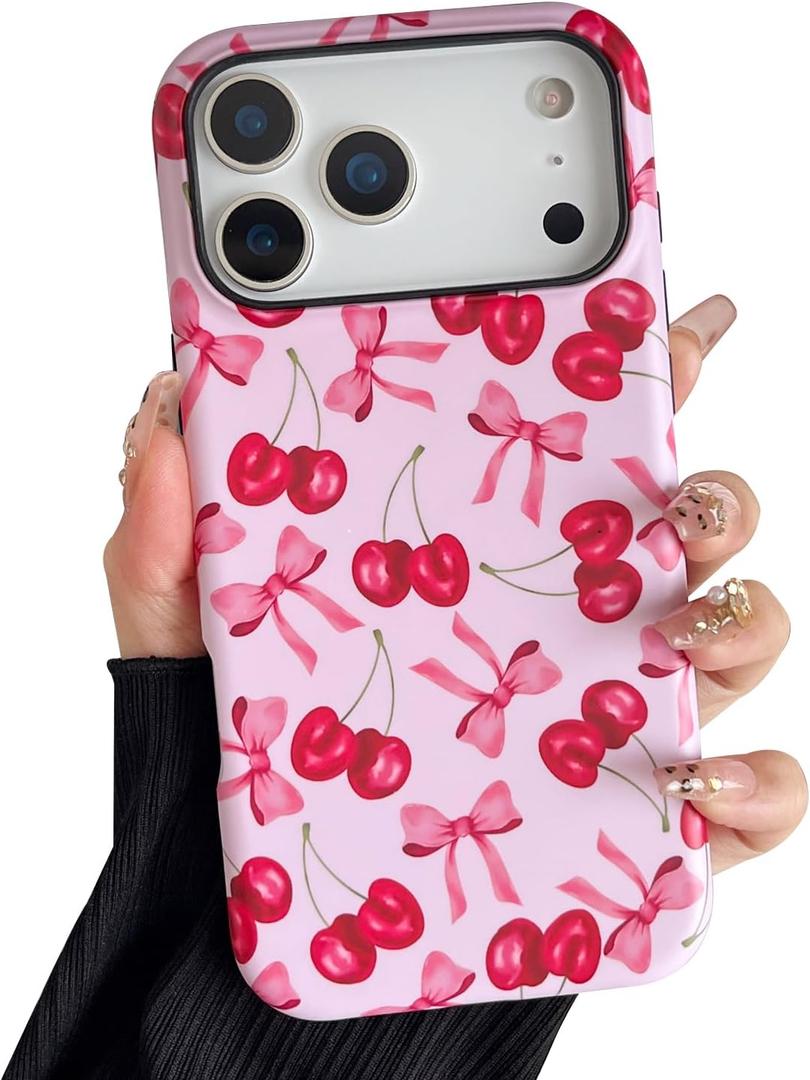 Compatible with iPhone 17 Pro Case, Cute Pink Cherry Bow Pattern with Shockproof Slim Soft TPU and Hard PC Protective Cover for Women Compatible with iPhone 17 Pro Case, Frosted