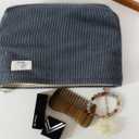 HAPPYHEIDI Dark Gray Corduroy Makeup Bag Cosmetic Toiletry Travel Pouch, Make Up Accessory Purse Organizer, Canvas Lined