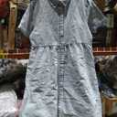 KOMOO Women Summer Denim Dress High Waist Short Sleeve Button Down Denim Shirt Dresses Casual One-Piece Jean Babydoll Dress M