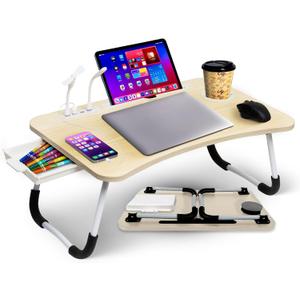 Aerolife Portable Laptop Bed Desk, Foldable Laptop Table with USB Port, Storage Drawer, Cup Holder & Tablet Slot, Adjustable Lap Desk Stand - Natural