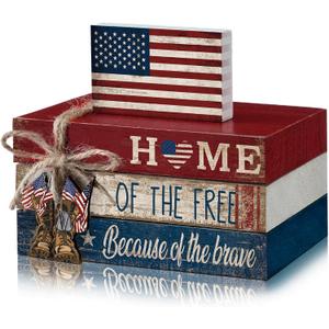 4 Pcs Memorial Day Decorations Fourth of July Tiered Tray Decorations Independence Day Wood Rustic Patriotic Book Block Sign 250th Anniversary for Farmhouse Table Home Tabletop Bookshelf