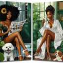 XLMDYYSW African American Wall Art Bathroom Decor 2 Piece Green Botanical Black Girl Pictures Black Woman Canvas Print Modern Artwork for Toilet Home Framed (12.00" x 16.00" x 2PCS)