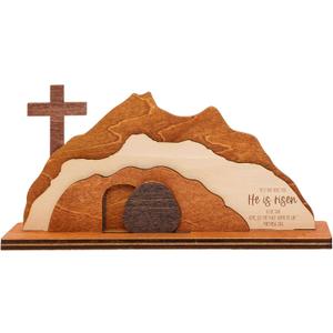 3 x He is Risen Easter Decor, Empty Tomb Easter Decoration, Resurrection Decorations, Christian Gifts, Wooden Cross Display for Tabletop Christian Home Decor Religious Easter Scene for Indoor Use