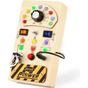 Joyreal Toddler Busy Board, Wooden Montessori Busy Board Sensory Board with LED Light Switch, Sensory Toys Baby Fidget Board Travel Toys for Toddler