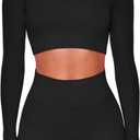 Buttergene Women Workout Sets 2 Pieces Long Sleeve Yoga Outfits Gym Clothes Seamless Ribbed Crop Top High Waist Leggings (Medium, 1top+shorts-black)