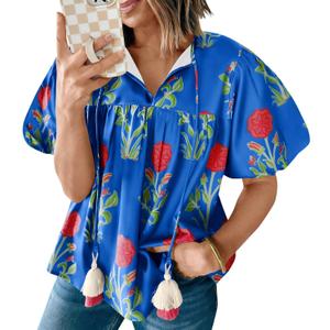Cicy Bell Womens Boho Floral Blouses Short Puff Sleeve V Neck Babydoll Shirts Flowy Tie Front Tops Blue (L)