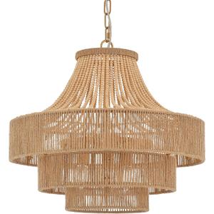 Wood Beaded Rattan Chandelier Boho Hand Woven Pendant Light 6-Lights Adjustable Coastal Pendant Lighting Fixtures for Dining Living Room Kitchen Hallway, Dia 20, UL Listed
