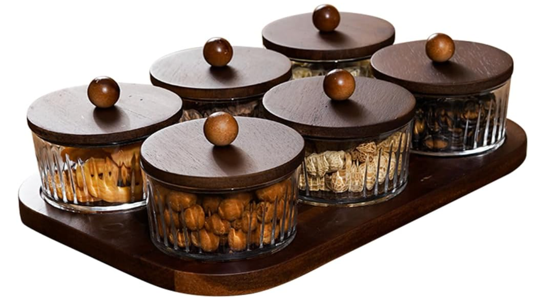 Round Glass Snackle Box Container Snack Organizer and Fruit Platter with Acacia Wood Lids and Tray Divided Serving Tray for Nuts Candy Dry Fruits (6 Jars)