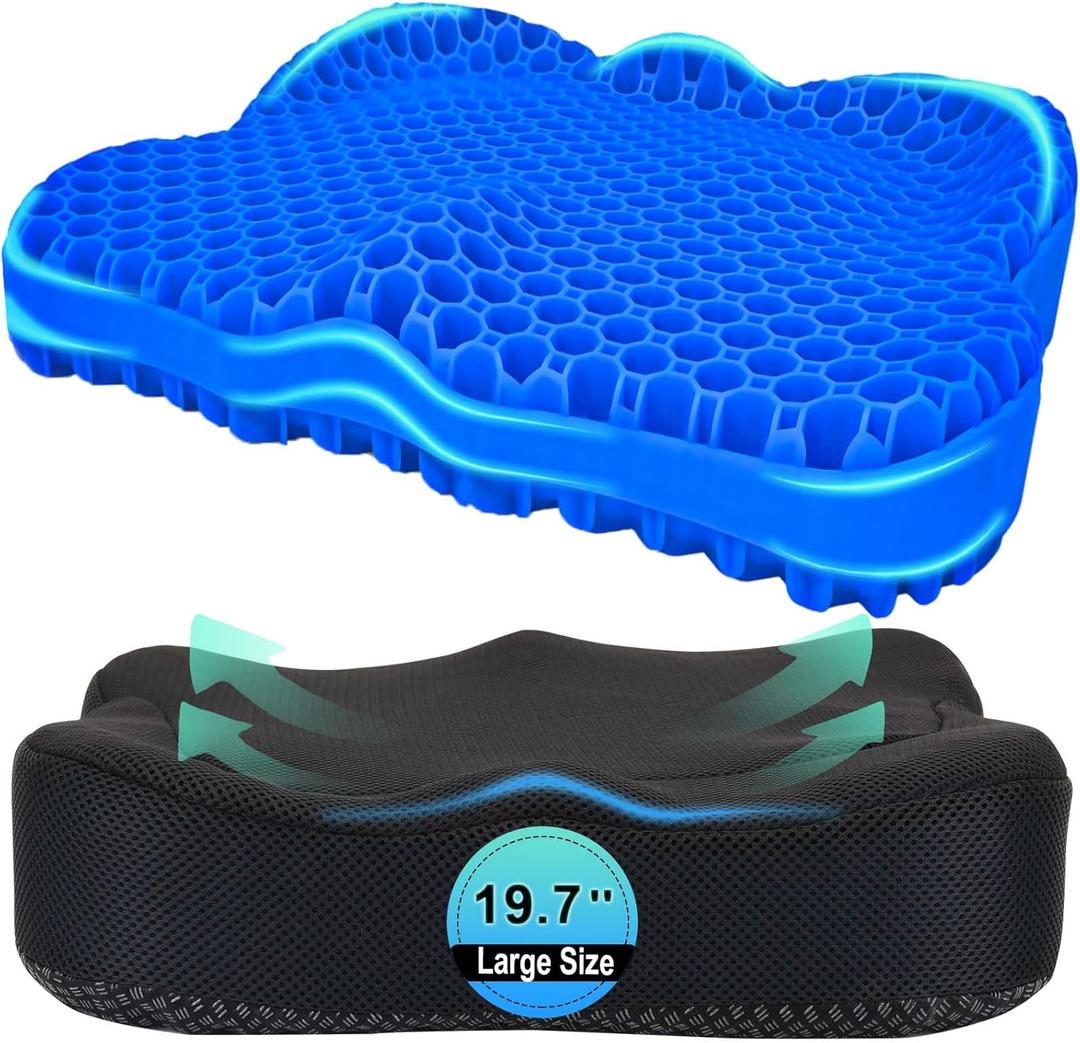 Thicken 19.7in Seat Cushion, Gel Seat Cushion for Long Sitting Office Chair, Wheelchair, Car Pad, Large Cooling Support Pad for Back Pain, Sciatica, Tailbone Pain Relief (Blue, XX-Larger19.7*16.1*3.5in))