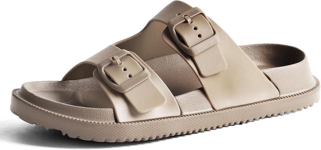 Slides for Women and Men, Double Buckle Rubber Sandals with Arch Support, Pillow Slides Thick Cushion Non Slip Shower Shoes Comfort Beach Sandals, 8-8.5 Women/7-7.5 Men
