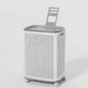 Sufdari 90L Laundry Basket with Wheels, Rolling Laundry Hamper with Lid and Handles, Plastic Rattan Clothes Organizer, Dirty Clothes Basket for Laundry Room, Bedroom, Dormitory Storage (White and Grey)