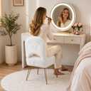 Vanity Stool Chair with Storage and Folding Back, 4 Metal Legs with Anti-Slip Feet, 15.8" x 15.8" x 33" Square Ottoman with Furry Padded Seat for Makeup, Bedroom, White