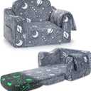Comfy Toddler Couch and Chair for Kids with Blanket, 2-in-1 Soft Plush Fold Out Kids Sofa Chairs for Girls and Boys, Convertible Sofa to Lounger for Playroom, Glowing Starry Sky (Blue)