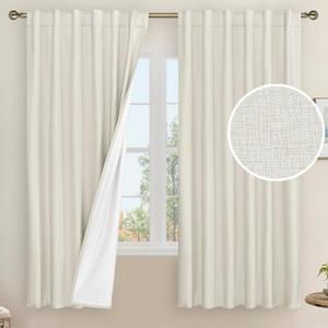 LAMIT 100% Blackout Natural Polyester Curtains, 63 Inches Linen Textured Thermal Bedroom Curtains Back Tab and Rod Pocket Neutral Panels with White Liner for Farmhouse, 2 Panels, 52 x 63 Inch, Ivory