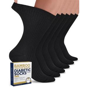 Pembrook Ribbed Knit Black Bamboo Viscose Diabetic Socks for Women - 6 Pairs | Crew Moisture Wicking Neuropathy Socks for Women | Wide Calf and Ankle Womens Diabetic Socks Size 9-11