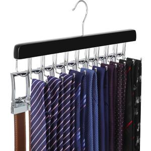 TOPIA HANGER 20 Hooks 2 in 1 Belt Tie Hanger for Closet Max 30 Belts with 30 Ties Capacity, Belt Tie Racks Wooden Hanger for Closet Organizer Storage U Fit for Belt and Fit for Tie - CT47B