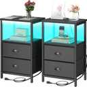 Nightstand with Charging Station, LED Night Stand Set 2, Bedside Table End Table Set of 2, Bedroom Table with 2 Fabric Drawers PU Finish, 3-Tier Storage Side Table for Bedroom,Black
