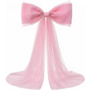 Canlierr Extra Large Pink Organza Bow Decorations 39 x 59 Inch Giant Pink Tulle Bow with Tie and Long Ribbon Tails for Wedding Valentines Party Backdrop Coquette Room Wall Decoration