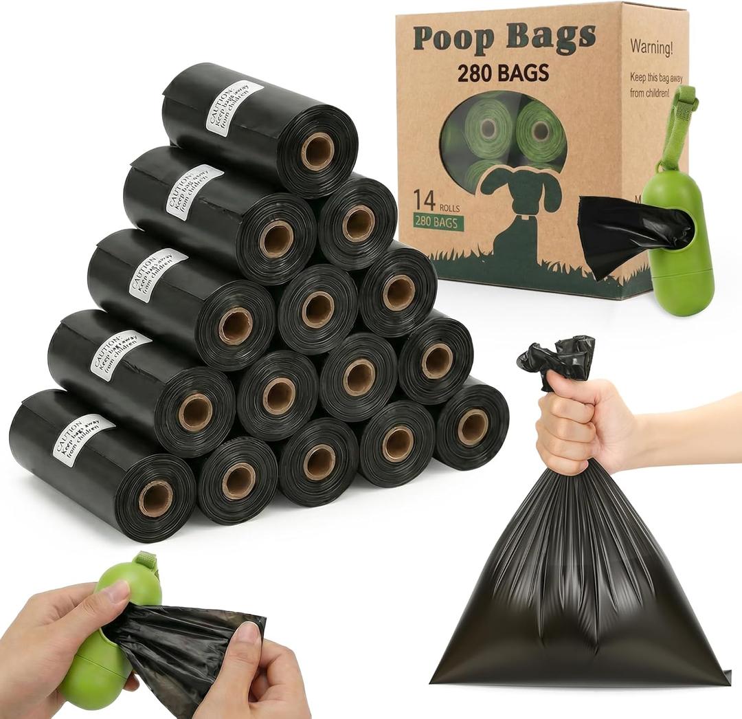 Dog Poop Bags Rolls Refill: TVOOD 280 Count Unscented Doggie Poop Bags with Dispenser Leak Proof and Thick Poo Bag for Pet Waste (Black)
