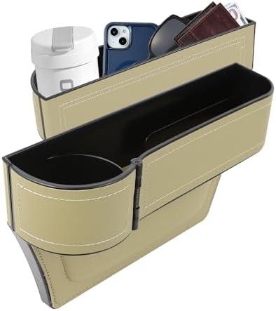Hbxdeco Car Seat Gap Filler Organizer, Multifunctional Car Seat Organizer with Adjustable Cup Holder, Leather Car Seat Gap Storage Box for Holding Phones, Coins, Cards, Keys, Pens (Beige)