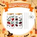 Halloween Cups 2 Pcs, 18 oz Skull Glass Cups with Lids and Straws Ghost Mug Glass Tumbler Mason Jar Iced Coffee Can, Spooky Gifts Boo Basket Stuffers Drinking Glasses Halloween Decorations