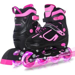 MammyGol Adjustable Inline Skates for Girls Kids Boys Youth with Light up Wheels, Rose Red Beginner Blades Roller Skates for Boys Size 1 2 3 4 Ages 4-12