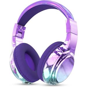 QearFun Kids Bluetooth 5.3 Headphones, Wireless Metallic Gradient Headset, Lightweight Foldable On Ear Headphones with Aux Cord, Fast Charging, Built-in Mic, for School/Travel/Tablet/iPad (Deep Purple)