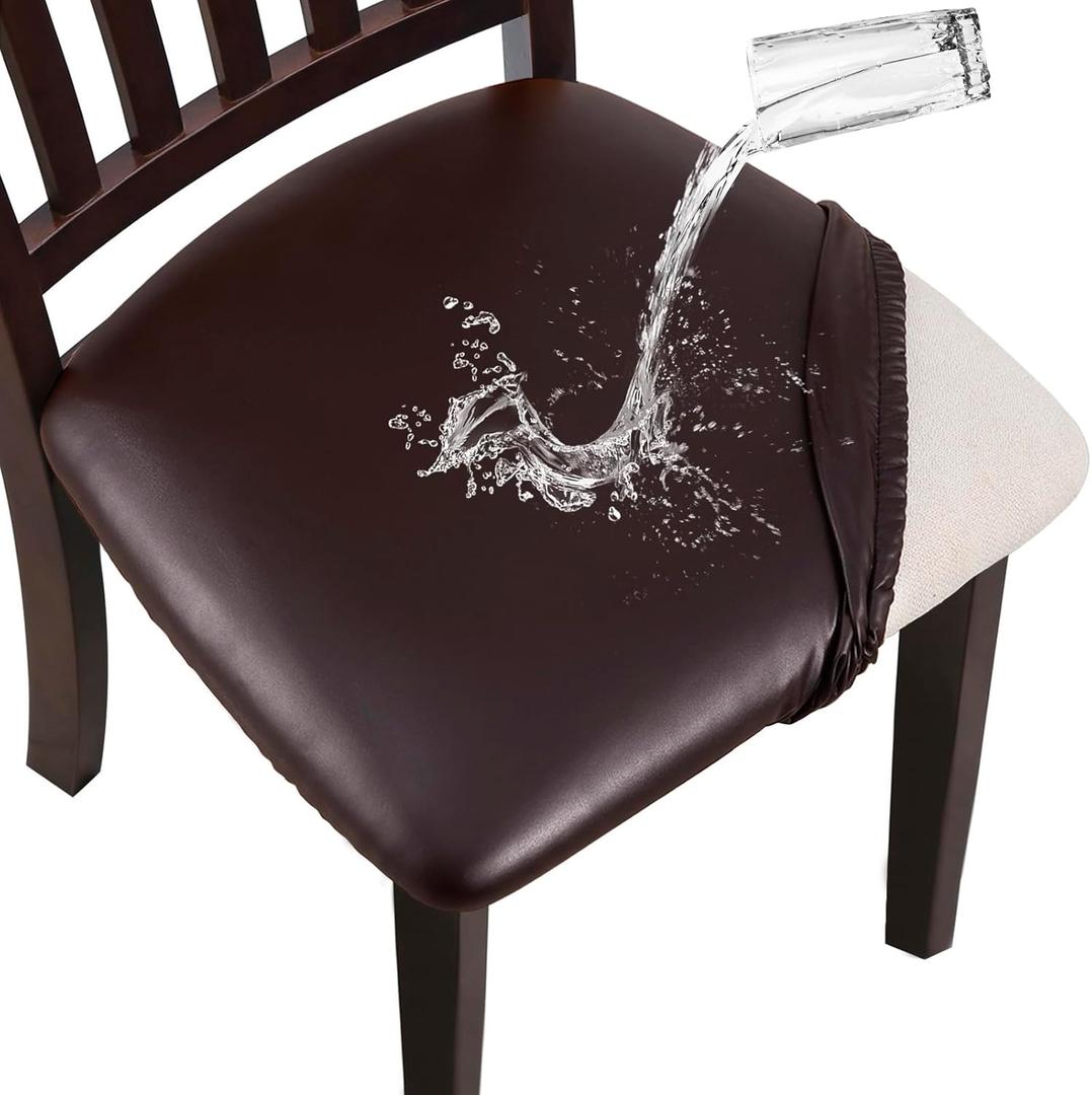 YISUN Chair Seat Covers Set of 4, Pu Leather Waterproof Dining Room Chair Covers, Stretch Chair Cover for Dining Room Chair Protector Slipcover for Kitchen, Hotel (Pu Coffee, 4)