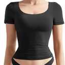 SUUKSESS Women Double Lined Fitted Basic Tee Scoop Neck Short Sleeve Y2K Crop Top (Size X-Small, Jet Black)