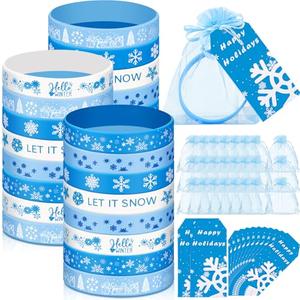 Liliful 24 Set Winter Snowflake Party Favors, Blue Christmas Snowflake Silicone Wristbands with Cards and Organza Bags for Blue Xmas Goody Bag Filler Party Favors Christmas Classroom Gifts