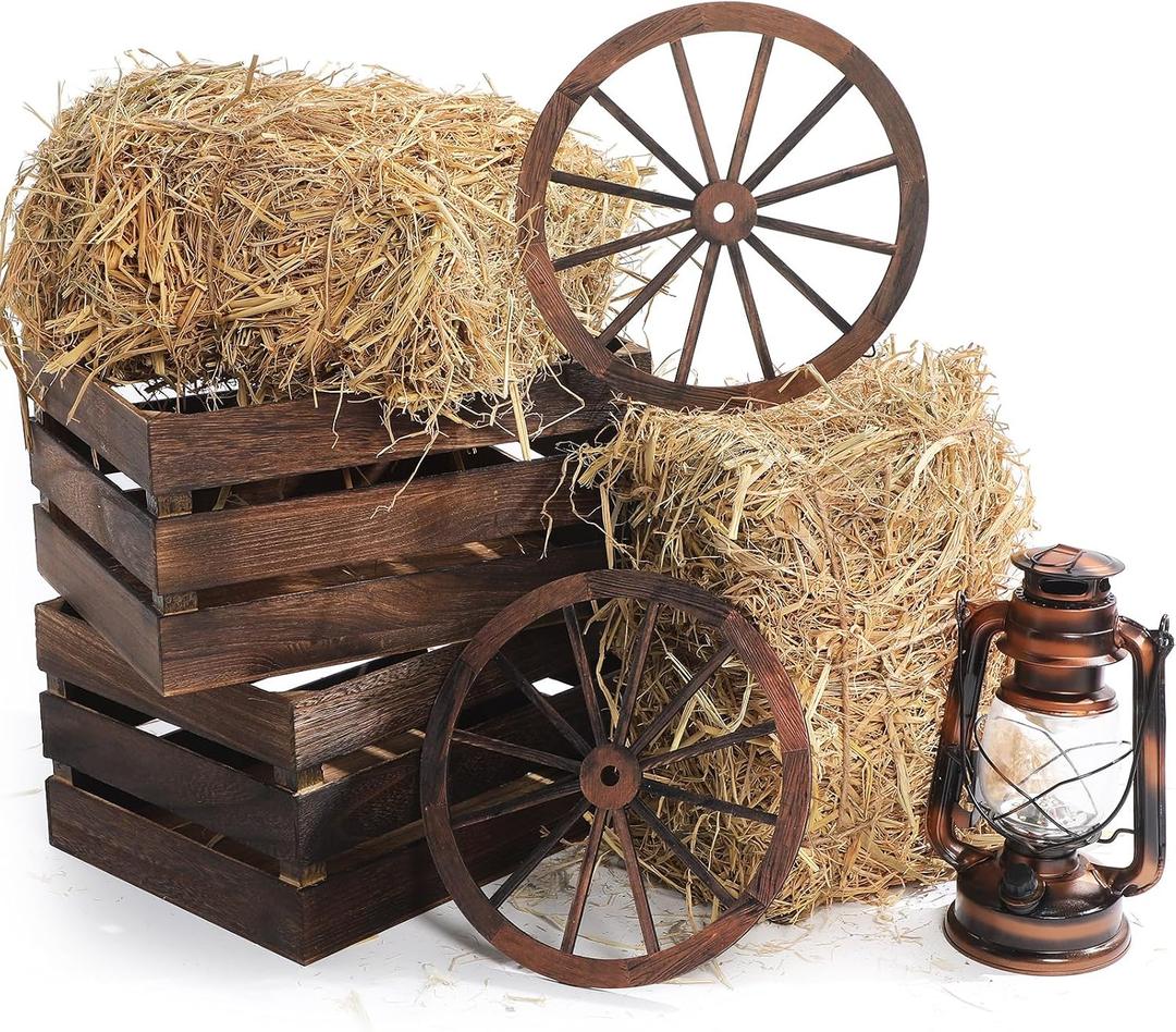 6 Pack 13 x 9 x 6 Inch Straw Hay Bale Stack Decoration Set Rustic Wooden Wagon Wheel Natural Hay Bales Boxes Western Cowboy Birthday Decor Photo Booth Props(Brown,Rustic), 13 x 9 x 6.3 inches