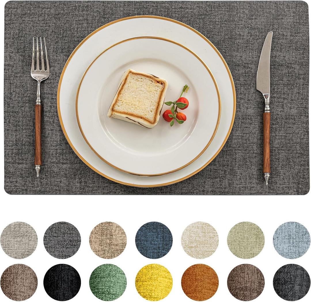 Romanstile Vinyl Placemats Set of 6-12 X 18 Inch - Heat Resistant Place Mats 100% Waterproof Oilproof Wipeable Reversible Faux Leather Table Mats for Kitchen/Dining/Party/Holiday, Dark Grey Romanstile Vinyl Placemats Set of 6-12 X 18 Inch - Heat Resistant Place Mats 100% Waterproof Oilproof Wipeable Reversible Faux Leather Table Mats for Kitchen/Dining/Party/Holiday, Dark Grey