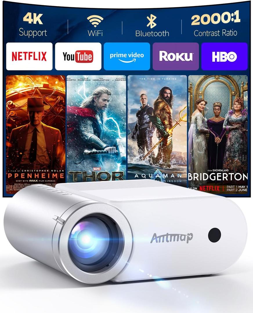 Mini Projector With WiFi and Bluetooth, 400 ANSI Outdoor Projectors 1080P for iPhone, Home Theater Projector 4K Support for Bedroom, 200 Wireless WiFi Projector for Smartphone/HDMI/USB/TV Stick