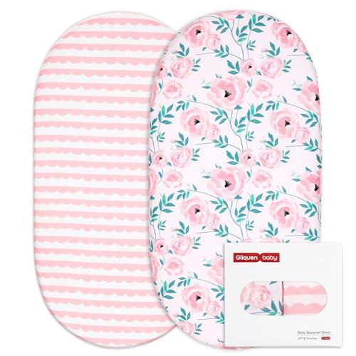 Gllquen Baby Bassinet Sheets Set 2-Pack, Breathable Cozy Bassinet Fitted Sheet Universal Fit Standard Mattress Oval Rectangle Cradle Baby Sheets for Baby Boy Girls Unisex 32"x16" (Pink Flower)