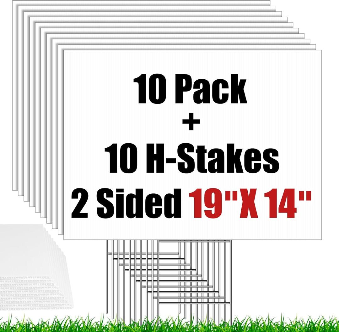 IKAYAS 10 Pack Blank Yard Signs with Stakes, Large Size 19 x 14 Inches White Garden Yard Signs Yard Sale Signs Corrugated Plastic Signs for Party Decorations,Garage Sale, Guidepost, Open House