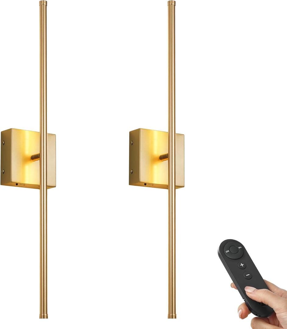 Battery Operated Wall Sconces with Remote Control, Dimmable Wall Sconces Set of Two, 350Rotate, 3000K LED Gold Wireless Wall Light for Living Room, Hallway, Bedroom, 28.3 Inch (2 Pack)