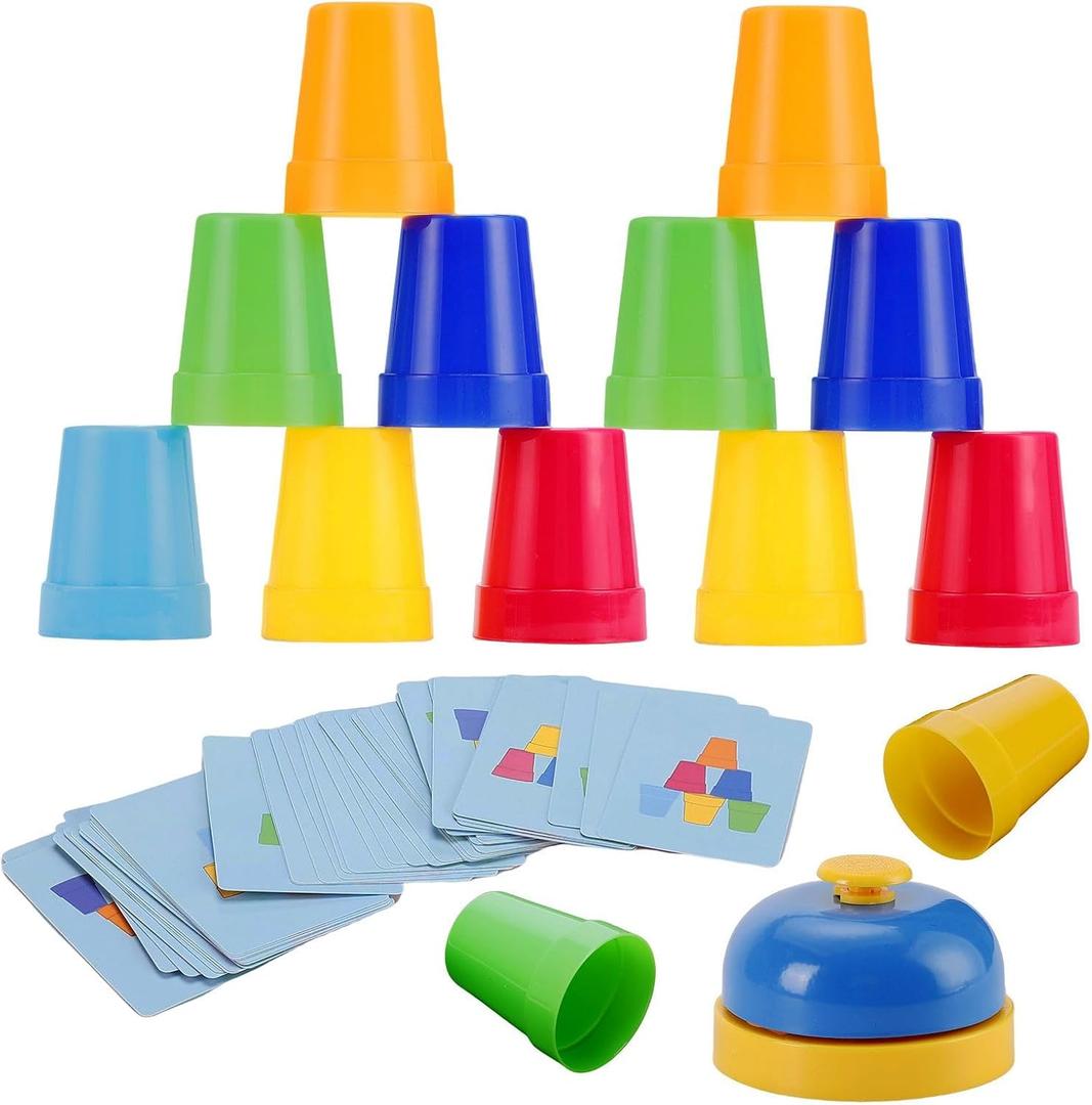 SEISSO Quick Stacking Cups, Stack Cups Set Engaging Educational Speed Training Cup Stacking Set for Kids Games, 30 Stack Cups with 54 Challenge Cards, 1 Bell