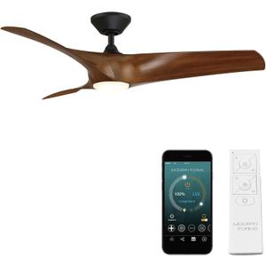 Zephyr Smart Indoor and Outdoor 3-Blade Ceiling Fan 52in Matte Black Distressed Koa with Adjustable CCT 2700K-3000K-4000K-5000K LED Light Kit and Remote Control works with Alexa, iOS or Android App