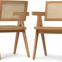 SIMPLIHOME Regina Dining Chairs - Mid-Century Modern Solid Beechwood and Rattan Arm Chair Set in Natural, Dining Room Seating with Open Frame, Curved Arms and Woven Seat and Backrest (Set of 2)