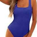 ANRABESS Womens One Piece Swimsuit 2025 Summer Solid Square Neck Tummy Control Modest Full Coverage Ribbed Bathing Suits Blue Medium